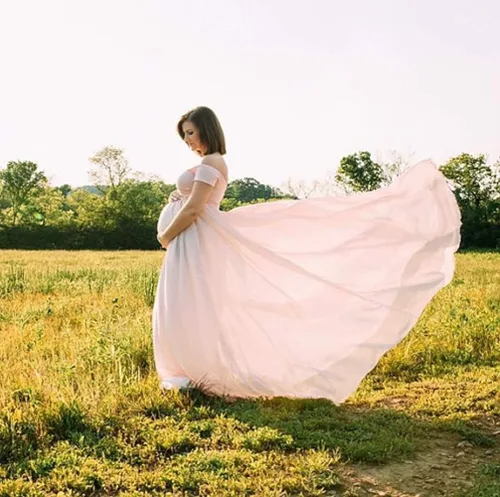 Vista 6 de ZIUMUDY Vestido de gasa de maternidad de manga corta con frente cruzado para fotografía de baby shower