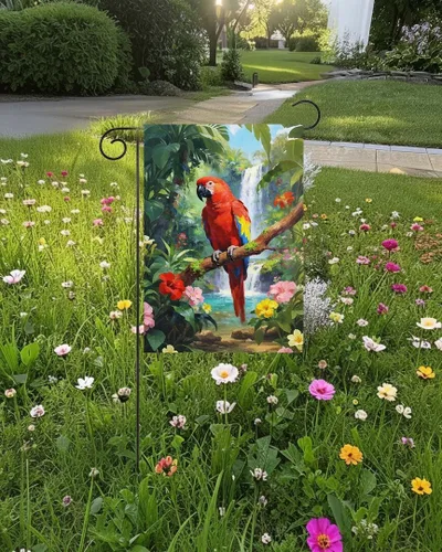Vista 3 de Bandera de jardín con diseño de pájaros, loro y guacamayo, flores en verano, primavera, bosque tropical, jardín, patio, 12 x 18 pulgadas, banderas