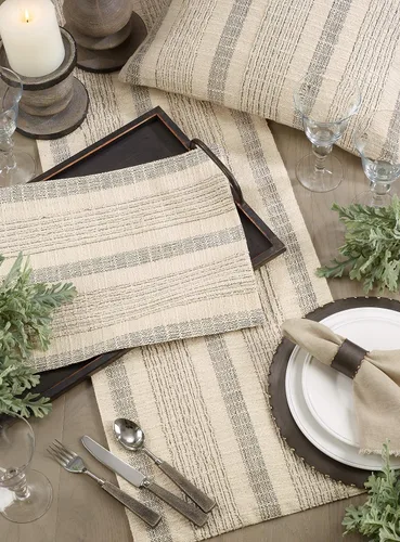 Vista 3 de SARO LIFESTYLE Camino de mesa de rayas texturizadas, camino de mesa de algodón tejido para mesa de comedor de granja, decoración de cocina rústica