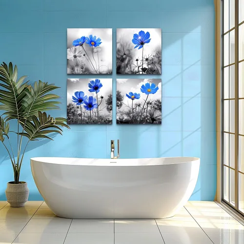 Vista 6 de Arte de pared para dormitorio, flor azul cian en blanco y negro, decoración de pared para decoración del hogar, pintura de arte de 12 x 12 pulgadas