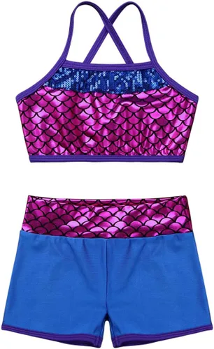 Vista 3 de Agoky Conjunto de 2 piezas de camiseta sin mangas de sirena con lentejuelas y pantalones cortos para niñas pequeñas y grandes, tankini traje de baño