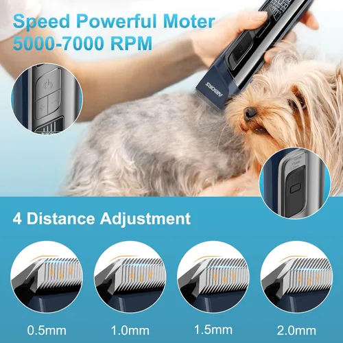 Vista 2 de Dog Clippers for Grooming, 5 Speed & Self-Sharpening Blade, Cordless Low Noise Rechargeable 2600mAh 5H Runtime, LCD Display, 6 Guide Combs for Dogs