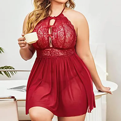 Vista 4 de Lencería de talla grande para mujer para sexo travieso juego de encaje transparente pijamas halter camisola babydoll de peluche