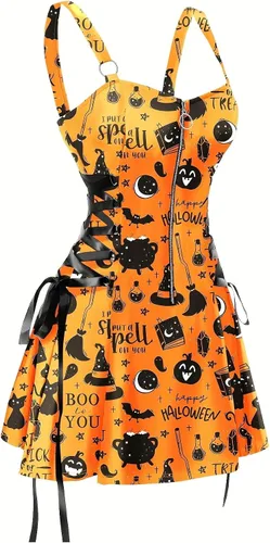 Vista 2 de J&DHUASHA Vestido de Halloween para mujer, gótico, de cintura alta, sin espalda, tirantes delgados, cremallera media, vestido de fiesta de Halloween