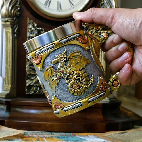 Vista 4 de alikiki Taza medieval steampunk de dragón, 15.8 onzas, dragones mecánicos renacentistas, cerveza, jarra, jarra, taza de café inoxidable, taza