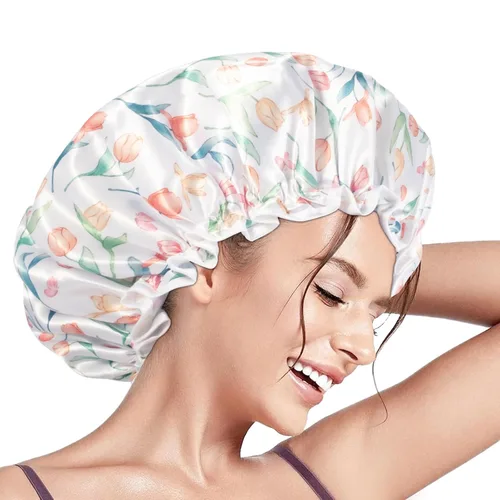Vista 10 de Aquior Gorro de ducha para mujer, impermeable, reutilizable, con elástico suave, tamaño grande para cabello largo, bonito gorro de baño para ducha