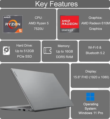 Vista 2 de Lenovo V15 - Computadora portátil, 15.6" FHD, AMD Ryzen 5 7520U