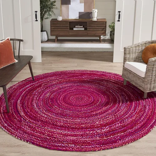 Vista 32 de SAFAVIEH Alfombra trenzada de la colección – Alfombra redonda de 3 pies, color beige con detalles rosados, algodón hecho a mano, estilo cabaña