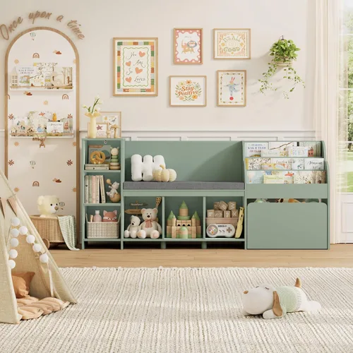 Vista 4 de HOSTACK Rincón de lectura para niños de 67 pulgadas de ancho con organizador de almacenamiento de juguetes, estantería grande para niños con caja