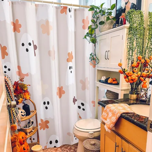 Vista 3 de Juego de cortina de ducha de baño con fantasmas florales con ganchos, cortinas de ducha de tela resistente de 180 GSM, 72 x 72 pulgadas, bonita