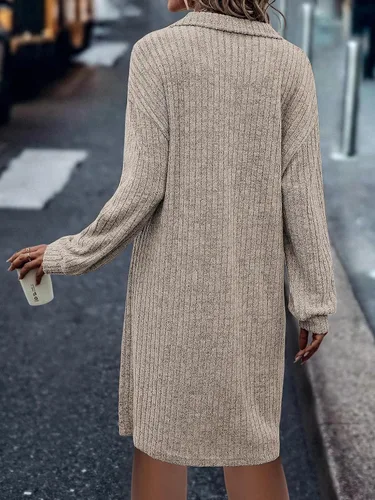 Vista 6 de Vodikar Women's Ribbed Knit Shift Midi Dress Fleece Quarter Zip Polo Neck Long Sleeve 2023 Fall Fashion Knitted Dresses
