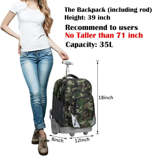 Vista 2 de WEISHENGDA Mochila con ruedas de 18 pulgadas para adultos y estudiantes escolares, libros de viaje cortos, bolsas de carrito para laptop, camuflaje