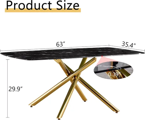 Vista 2 de Juego de mesa de comedor moderna para mesa de comedor negra de 4,63 pulgadas, juego de 4 con patas de metal dorado, mesa de cocina rectangular