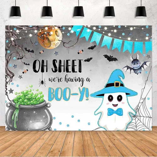 Vista 2 de Avezano Telón de fondo de Halloween para baby shower, con texto en inglés "We Having a Boo-y", lindo fantasma azul, decoración de baby shower