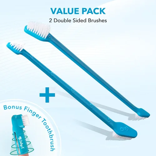 Vista 2 de Paquete de cepillos de dientes para perro, 2 cepillos de dientes de doble cabeza con mango largo + 1 kit de cepillo de dientes para perros