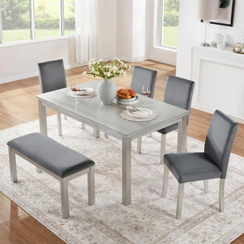 Vista 16 de LUMISOL - Juego de mesa de comedor de madera maciza con 4 sillas tapizadas y banco para cocina, comedor, sala de estar, gris plateado