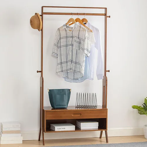 Vista 10 de Perchero de bambú con espejo y cajones, colgador de ropa de madera independiente con ganchos, perchero resistente con estantes, organizador