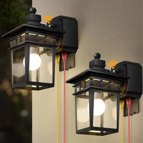 Vista 18 de Luces de Porche Exteriores con Sensor de Movimiento con Toma GFCI, 3 Modos de Luminaria Exterior del Anochecer al Amanecer, Luminaria de Iluminación