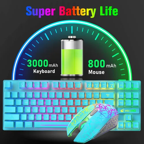 Vista 4 de LexonElec Combo de teclado y mouse inalámbricos para juegos, batería recargable de 3800 mAh con retroiluminación arcoíris, teclado de sensación