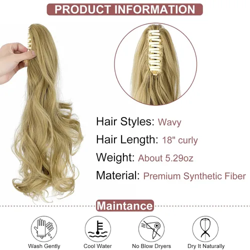 Vista 2 de Extensión de cola de caballo con clip, de 18 pulgadas, 20 pulgadas, rizada, ondulada, recta, cola de caballo larga con clip, para mujer, rubio ceniza
