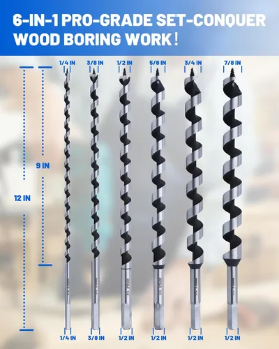 Vista 3 de Juego de brocas de taladro de 12 pulgadas para madera, 6 brocas largas de 1/4 a 7/8 pulgadas, brocas de punta de tornillo de alimentación automática