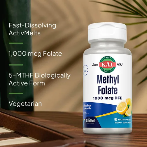 Vista 4 de KAL Folato de metilo 1000 mcg - Forma activa de 5-MTHF, suplemento de ácido fólico para mujeres y hombres, salud cardíaca, prenatal, apoyo cerebral