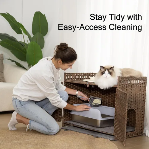 Vista 5 de Furriends Caja de arena para gatos con 2 alfombrillas, muebles ocultos de ratán tejido a mano, grande, 30.3 pulgadas de largo x 18.2 pulgadas