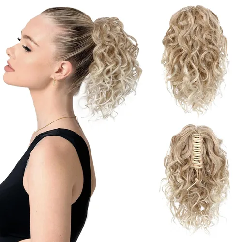 Vista 15 de Flufymooz Extensión de cola de caballo, extensión de cola de caballo corta de 12 pulgadas con pinza de garra, cabello ondulado rizado, clip