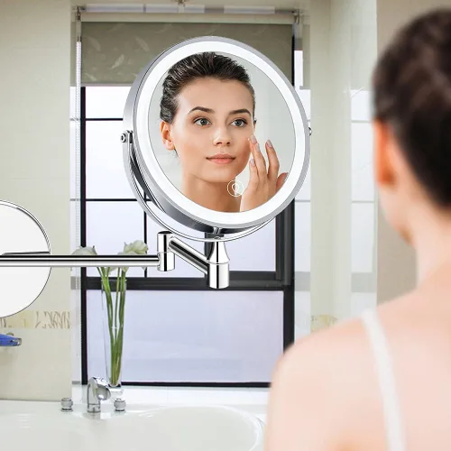 Vista 6 de Espejo de maquillaje iluminado para montar en la pared, espejo extensible de doble cara con aumento de 10X, espejo de aumento LED de 8 pulgadas