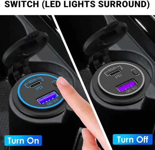 Vista 5 de Cargador de Portátil con Toma USB de 83W 12V: Paquete de 2 de 65W USB-C PD3.0 y 18W QC3.0 Puerto Múltiple para Coche Toma de 12V Impermeable