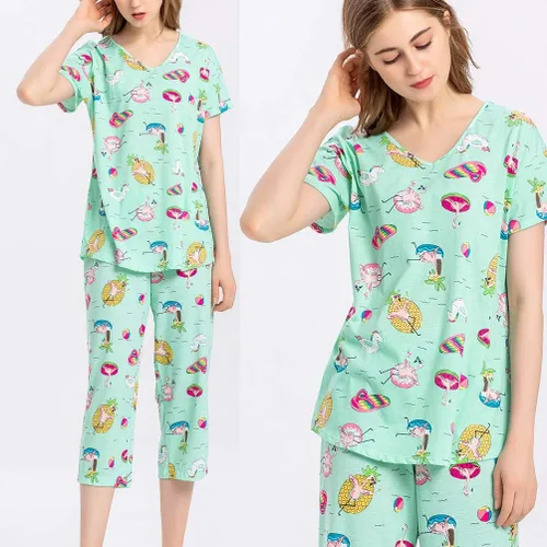 Vista 2 de ENJOYNIGHT - Conjunto de pijama de algodón para mujer, pijama de manga corta y pantalones capri, ropa de dormir de 2 piezas