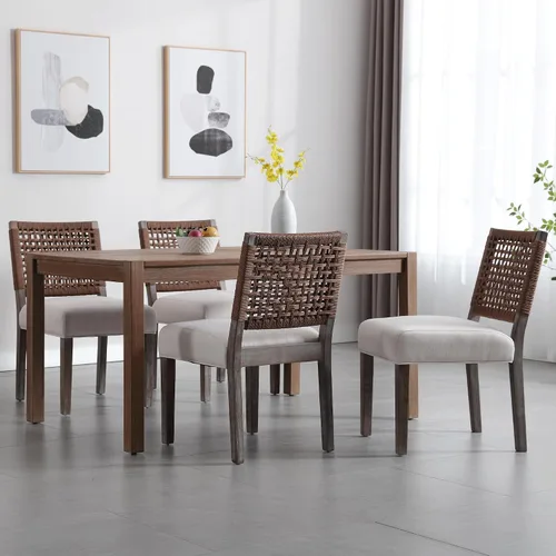 Vista 7 de Juego de 2 sillas de comedor de granja, sillas de comedor tapizadas con respaldo tejido a mano, asiento acolchado suave y patas de madera Beige