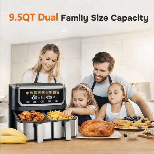 Vista 2 de Simple Deluxe Freidora de aire de doble cesta de 9.5 cuartos de galón, freidora de aire preestablecida digital 10 en 1 de 1700 W, cocina
