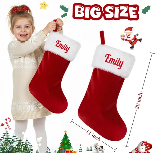 Vista 2 de Medias de Navidad personalizadas, medias de Navidad con nombre personalizado, terciopelo rojo con puño de felpa suave blanca para niños, calcetín