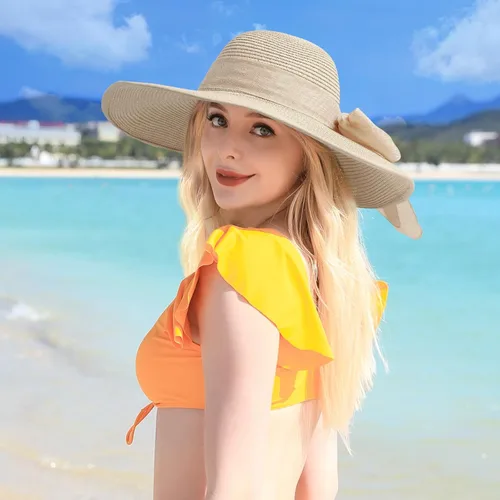 Vista 6 de Sombreros de playa para mujer, sombrero de sol plegable de ala 5.5 in-Beige