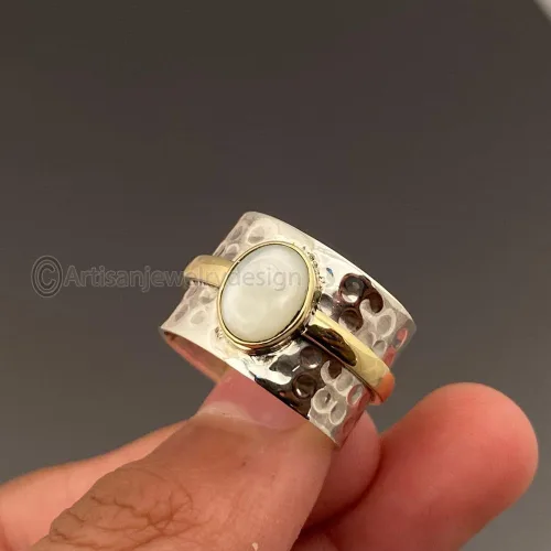 Vista 3 de Rainbow Moonstone Ring, 925 Silver Ring, Handmade Ring Women, Spinner Silver Ring, Bohemian Spinner Ring, Fidget Spinner Ring, Minimalist Spinner