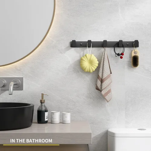 Vista 5 de Perchero de Pared Negro con Ganchos de Pared para Colgar, Ganchos de Puerta Resistente con 5 Ganchos, Soporte para Llaves para Pared, Perchero