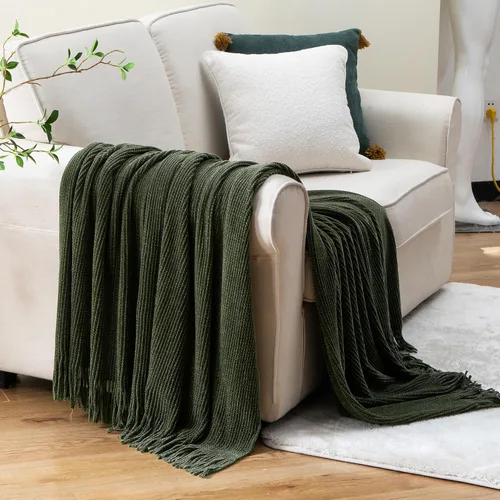Vista 32 de BATTILO HOME Manta verde manzana para sofá, suave manta de punto de chenilla con borlas para la decoración del hogar, manta verde primavera