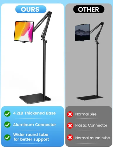 Vista 2 de Soporte de piso para tableta con base de 4.2LB, soporte de cama ajustable en altura y ángulo para teléfono y tableta, soporte de teléfono para cama