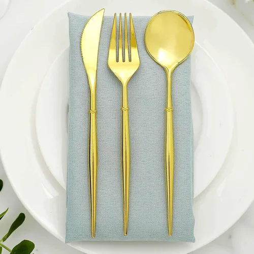Vista 10 de Efavormart 24 Pack Juego de cubiertos de plástico premium negro/dorado de 6" de 24 piezas, cubiertos desechables modernos y resistentes de plata