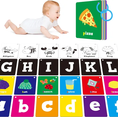 Vista 12 de 110 PCS Tarjetas de Aprendizaje Temprano, Tarjetas de Doble Cara - Alfabeto, Números, Alimentos, Animales, Formas, Colores, Objetos del Hogar con 4