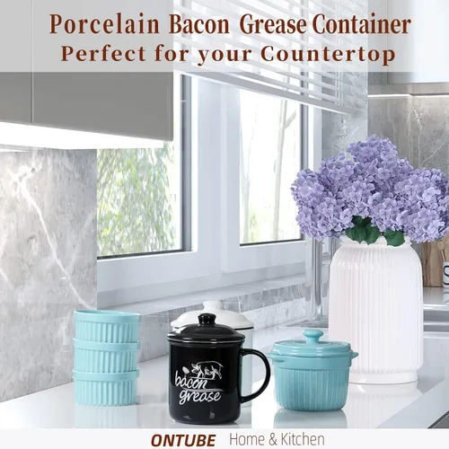 Vista 3 de ONTUBE Contenedor de grasa de tocino de cerámica con colador, recipiente para almacenamiento de aceite de cocina con colador para cocina