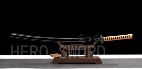 Vista 2 de Espada Katana de combate real hecha a mano, espada samurái afilada de espiga completa, acero de Damasco, acero 1095, cuchillos de acero templado T10