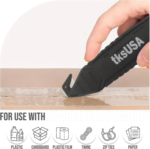 Vista 4 de Cortador de caja de seguridad. tksUSA here, tu cortador inoxidable, abridor de paquetes de acero. Paquete de cuchillos de seguridad con cuchilla
