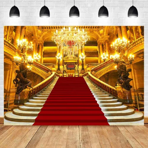 Vista 4 de Sensfun Telón de fondo rojo de palacio para fotografía, castillo dorado real, magnífico fondo europeo de fiesta, fondo de vinilo rojo para escenario