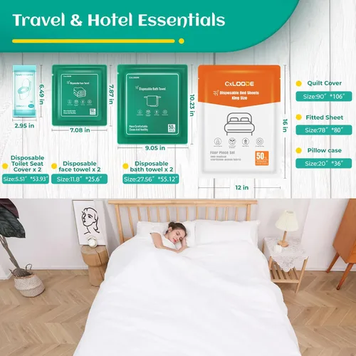 Vista 22 de Sábanas desechables para hotel, artículos esenciales de viaje con 2 toallas de baño desechables, 2 toallas faciales desechables y 4 piezas