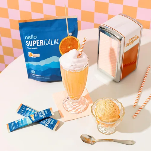 Vista 5 de Nello Supercalm - Mezcla de bebida – Fresas, crema y crema de naranja Ashwagandha KSM 66, suplemento de glicinato de magnesio y L-teanina – Apoyo