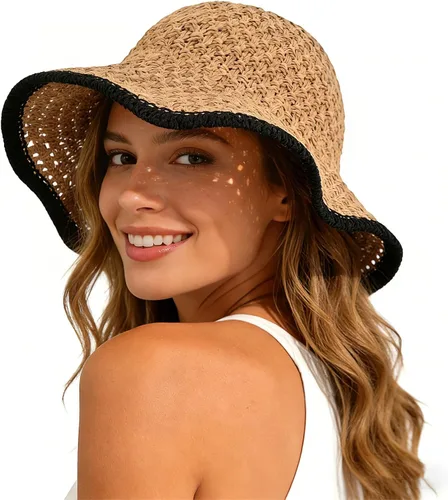 Vista 7 de Sombrero de playa para mujer, sombrero de paja para verano, protección UV, plegable, transpirable, estilo de ganchillo caqui (1pack-khaki)