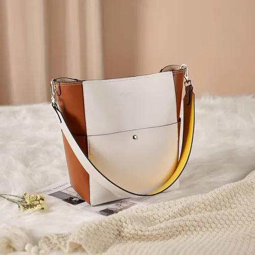 Vista 8 de BROMEN Bolso de mano de cuero para mujer, color blanco con marrón y gris