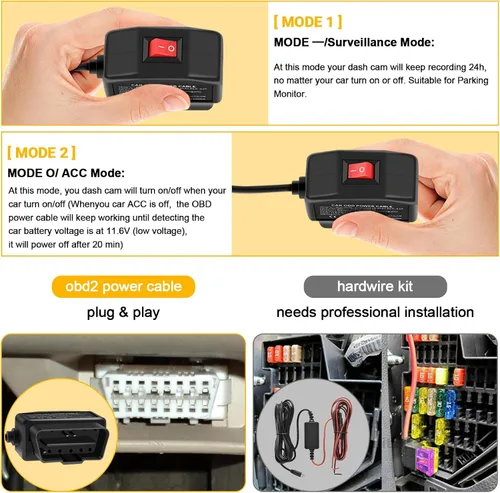 Vista 2 de Cable de alimentación OBD para cargador de cámara de tablero OBD2 a USB, 24 horas de vigilancia/modo Acc con botón de interruptor, adaptador